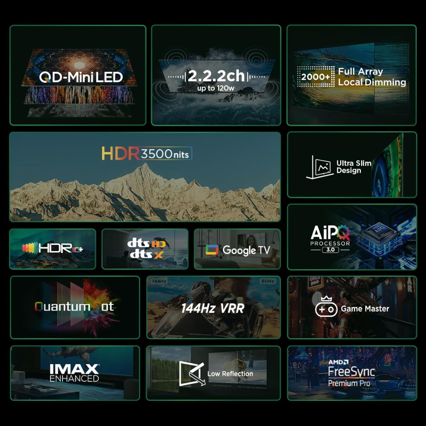 TCL 65C855 65” 4K QD-Mini LED Smart TV – 144Hz VRR, 3300 nits, IMAX Enhanced, Google TV