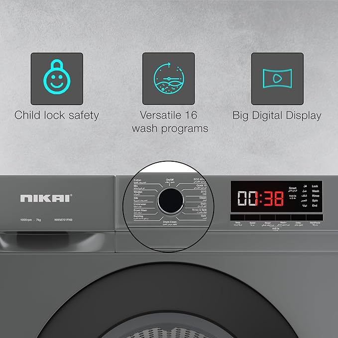 Nikai NWM701FN9S 7KG Front Load Washing Machine – 16 Programs, Steam Wash, Fully Automatic, Silver