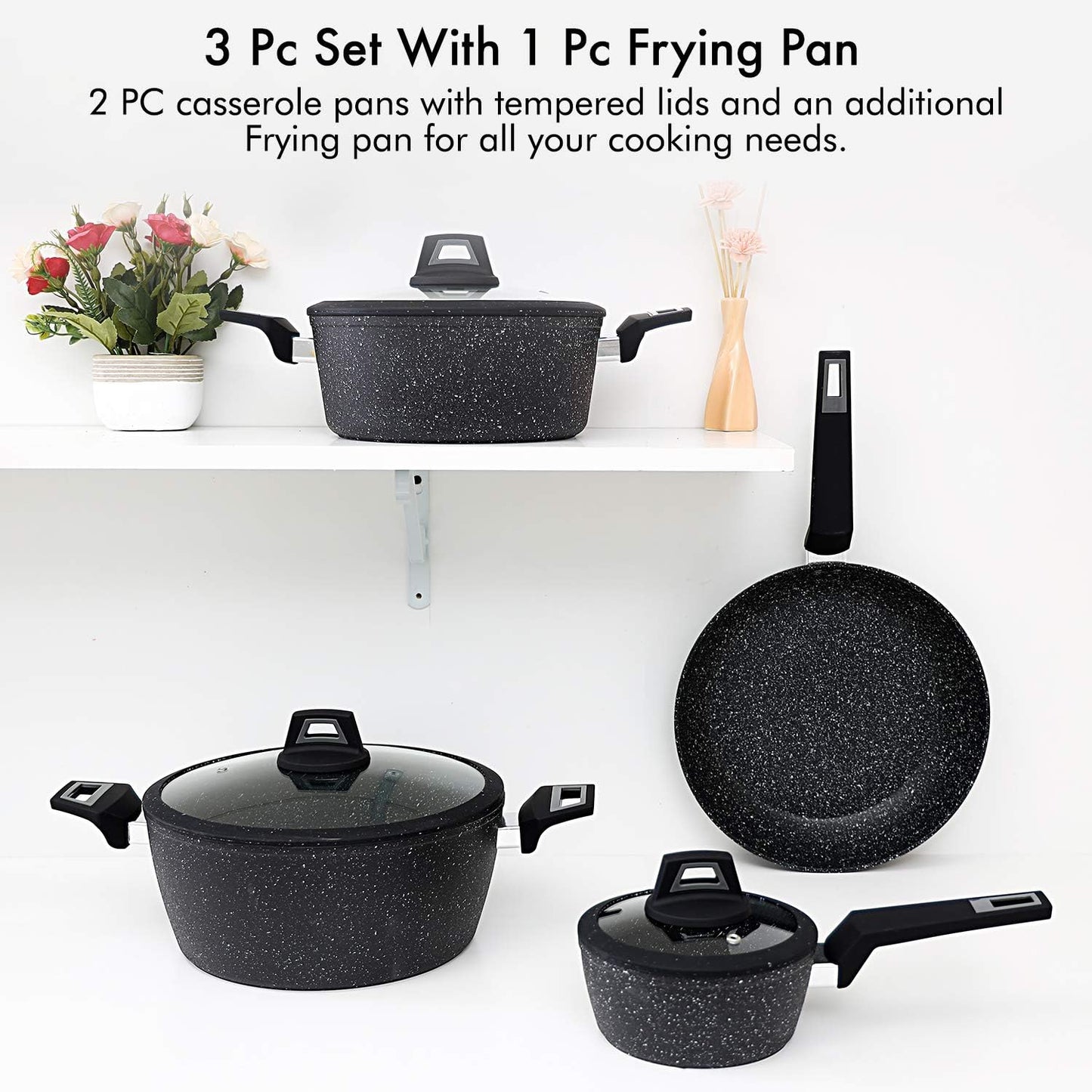 Royalford RF9557 Chef Art 7-Piece Aluminium Cookware Set – Scratch Resistant, Tempered Glass Lids, Black