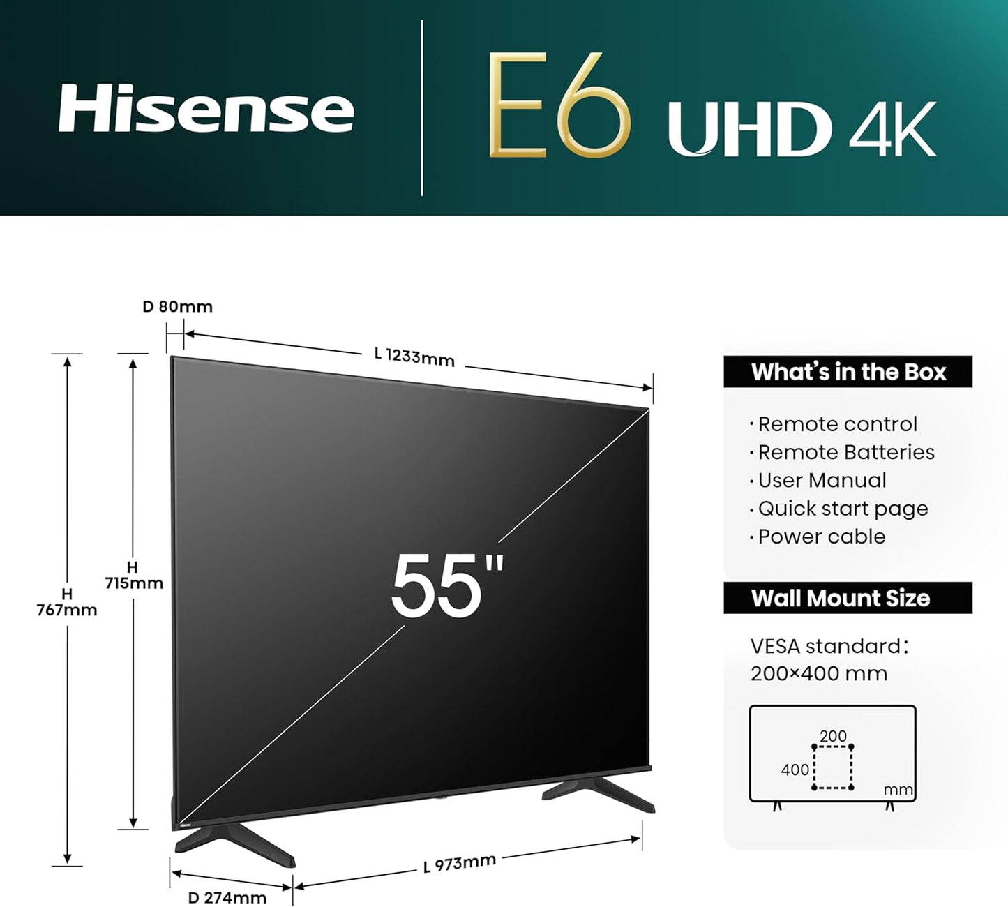 Hisense 55E6N 55” 4K UHD Smart TV (2024) – Dolby Vision, Game Mode, Voice Control