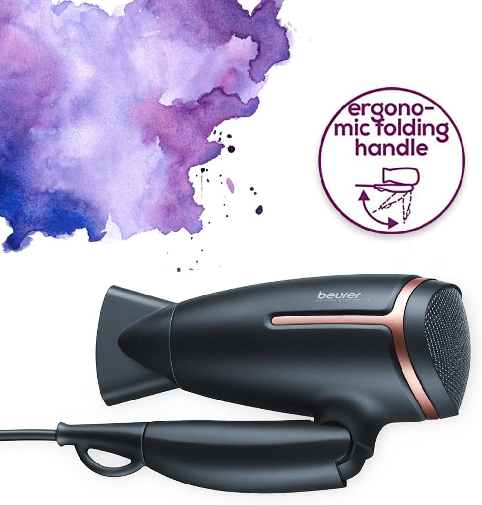 Beurer HC25 Style Pro Travel Hair Dryer 1200/1600W – Dual Voltage, Ionic, Lightweight, Gold/Black