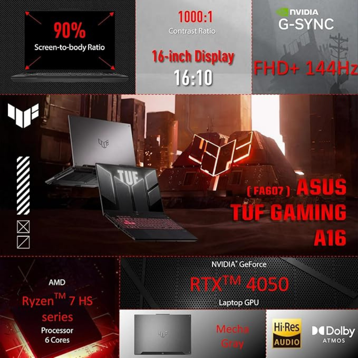 ASUS TUF FA607 Gaming Laptop – AMD Ryzen 7-7445HS, RTX 4050, 16" 144Hz, 16GB RAM, 512GB SSD (Grey)