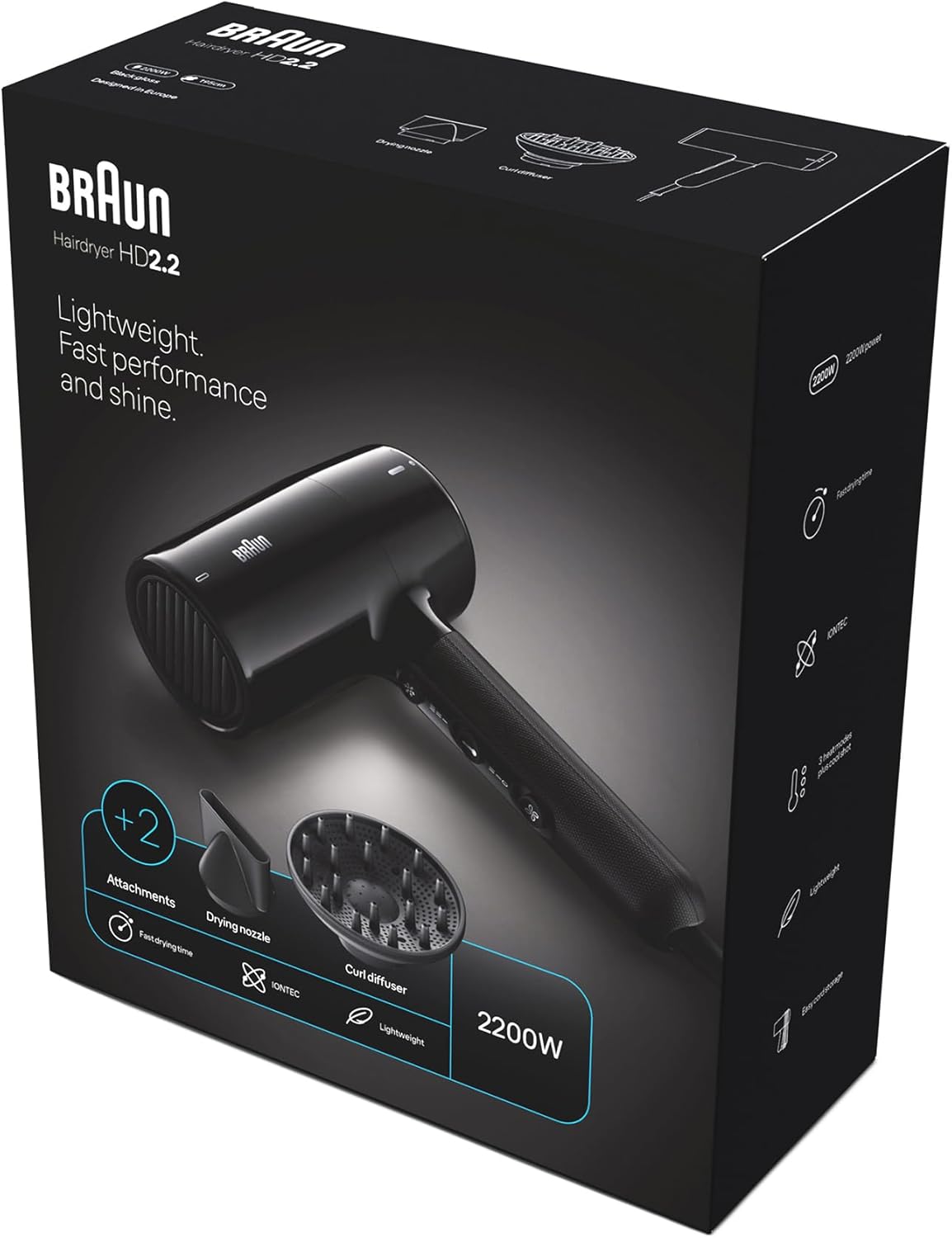 Braun BRHD225SDE Hair Dryer 2200W – Ionic Fast Drying with Diffuser & Nozzle, Black