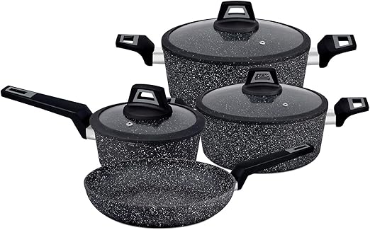 Royalford RF9557 Chef Art 7-Piece Aluminium Cookware Set – Scratch Resistant, Tempered Glass Lids, Black