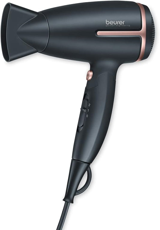 Beurer HC25 Style Pro Travel Hair Dryer 1200/1600W – Dual Voltage, Ionic, Lightweight, Gold/Black