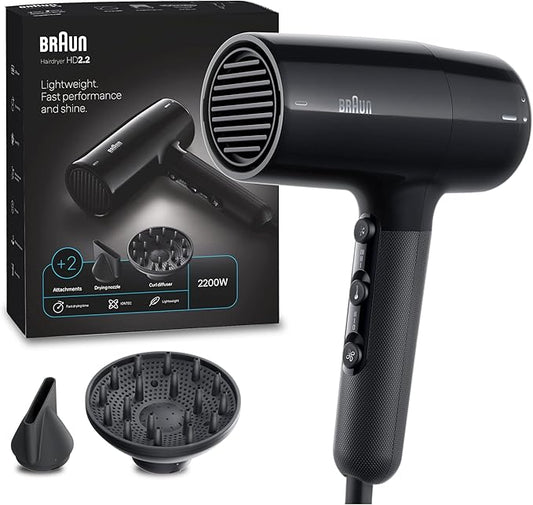 Braun BRHD225SDE Hair Dryer 2200W – Ionic Fast Drying with Diffuser & Nozzle, Black