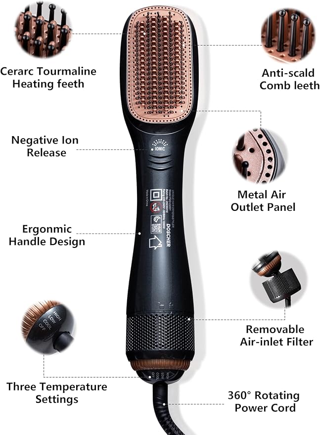 1200W 2-in-1 Hair Dryer Brush – Ceramic Dryer & Styler, Professional Black/Beige