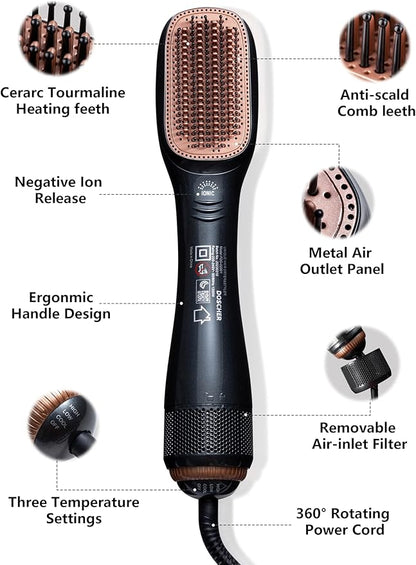 1200W 2-in-1 Hair Dryer Brush – Ceramic Dryer & Styler, Professional Black/Beige