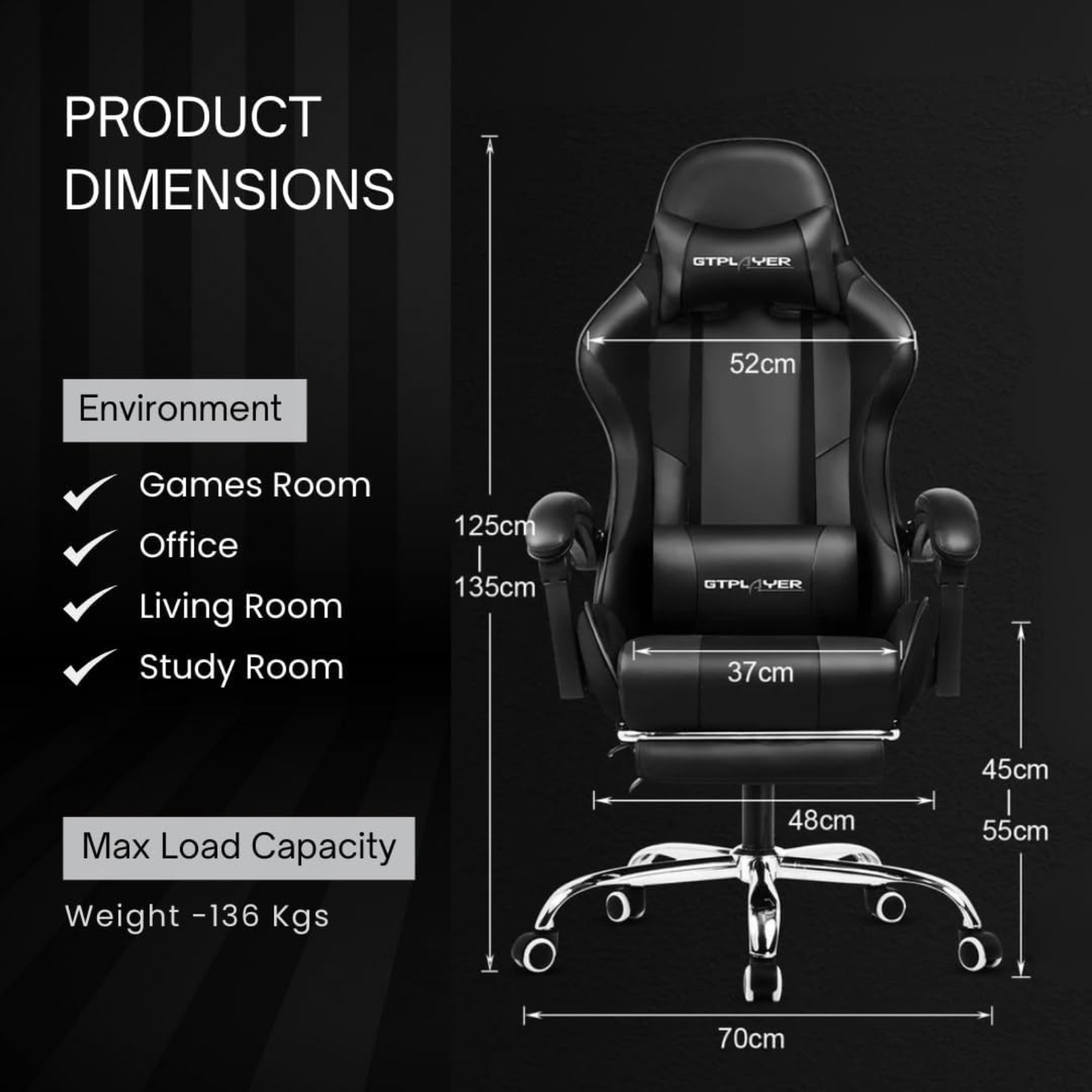 Ergonomic Gaming & Office Chair – PU Leather, USB Massage Cushion, Footrest, Adjustable Support (Black, GCC)