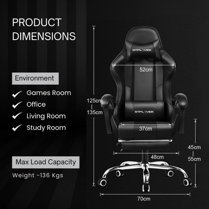 Ergonomic Gaming & Office Chair – PU Leather, USB Massage Cushion, Footrest, Adjustable Support (Black, GCC)