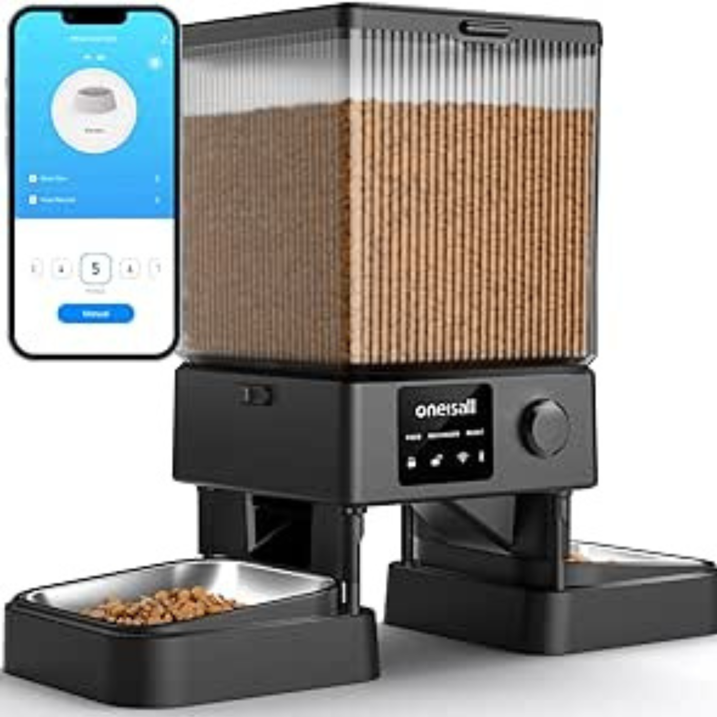 oneisall Automatic Cat Feeder for 2 Cats – 5L / 20 Cups Smart Timed Dry Food Dispenser with WiFi App Control