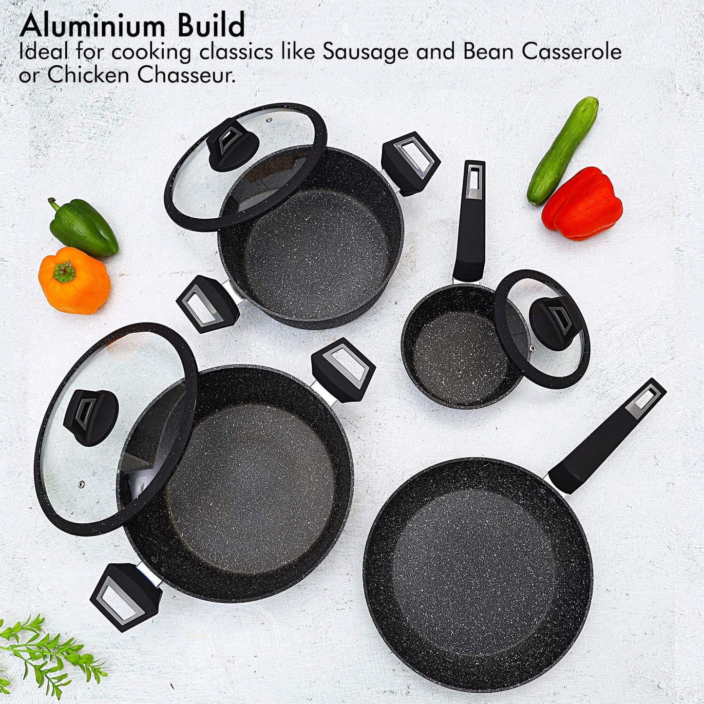 Royalford RF9557 Chef Art 7-Piece Aluminium Cookware Set – Scratch Resistant, Tempered Glass Lids, Black