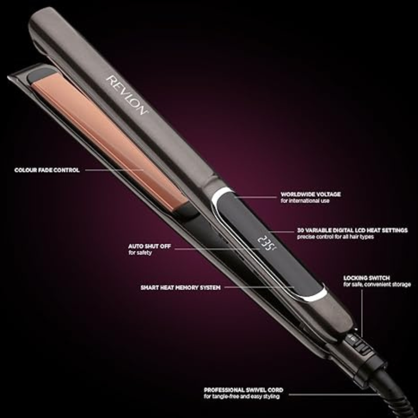 Revlon RVST2155 Perfect Heat Copper 25 mm Ceramic Hair Straightener – Up to 235 °C (Black)