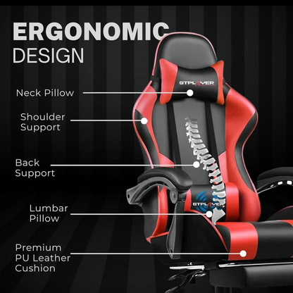 Ergonomic Gaming & Office Chair – PU Leather, USB Massage Cushion, Footrest, Adjustable Support (Red, GCC)