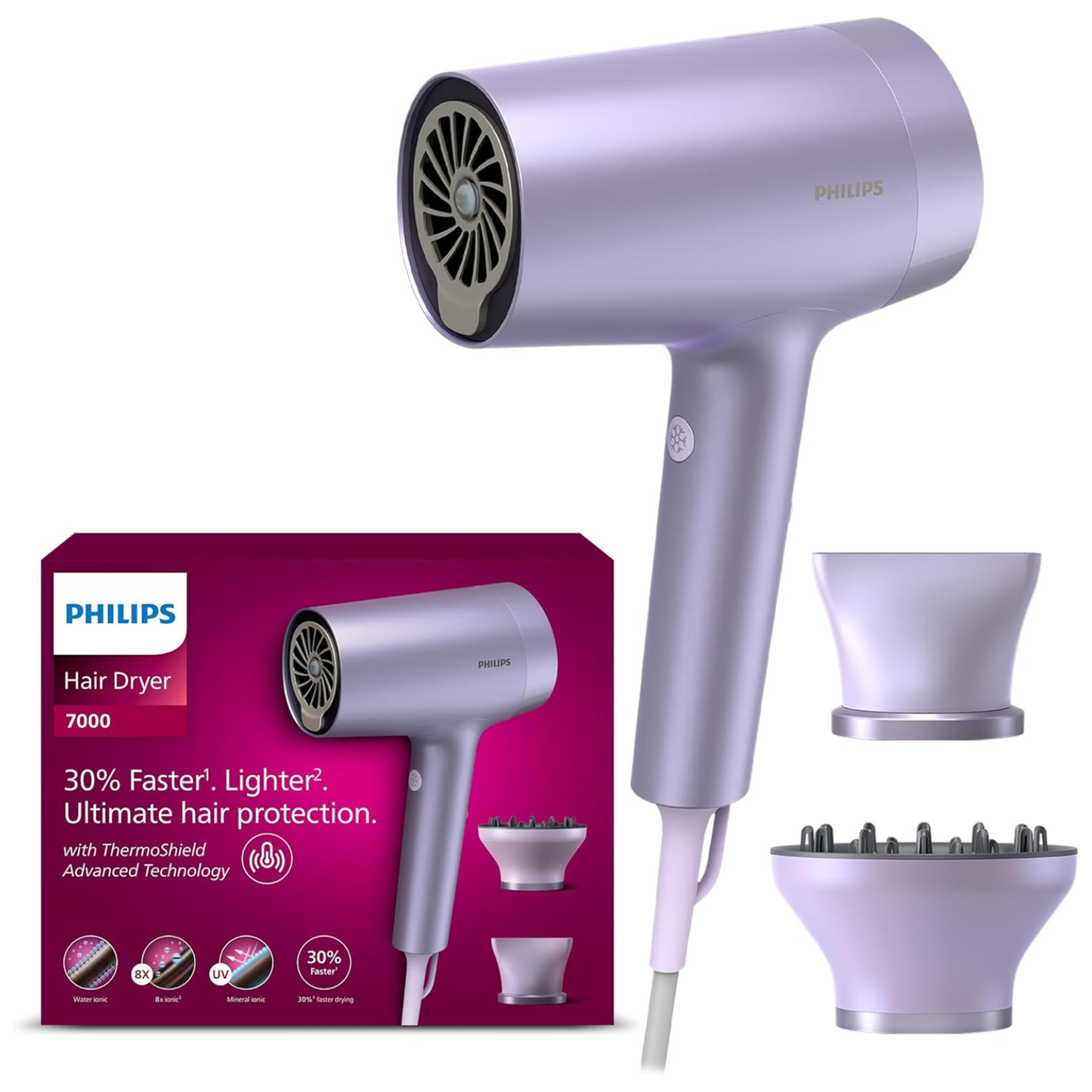 Philips 7000 Series Hair Dryer BHD720/13 – Fast Drying, Metallic Lilac (Purple)