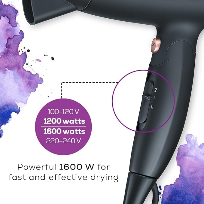 Beurer HC25 Style Pro Travel Hair Dryer 1200/1600W – Dual Voltage, Ionic, Lightweight, Gold/Black