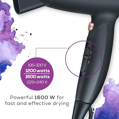 Beurer HC25 Style Pro Travel Hair Dryer 1200/1600W – Dual Voltage, Ionic, Lightweight, Gold/Black