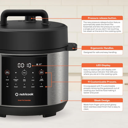 Nutricook NC-SP150 Smart Pot 4L Electric Pressure Cooker 900W – 11 Programs, Stainless Steel Pot, 2-Year Warranty