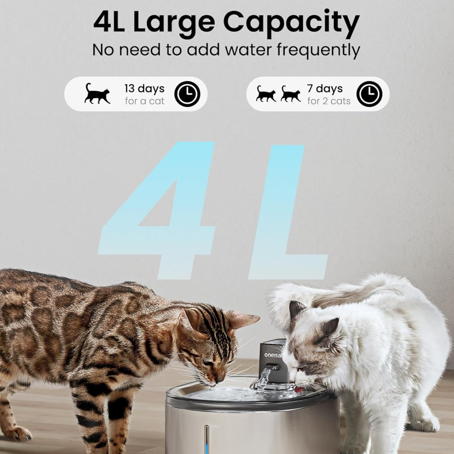 oneisall Battery-Operated Cat Water Fountain – 4L Wireless Stainless Steel, Motion Sensor