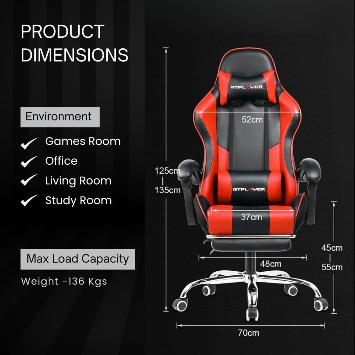 Ergonomic Gaming & Office Chair – PU Leather, USB Massage Cushion, Footrest, Adjustable Support (Red, GCC)