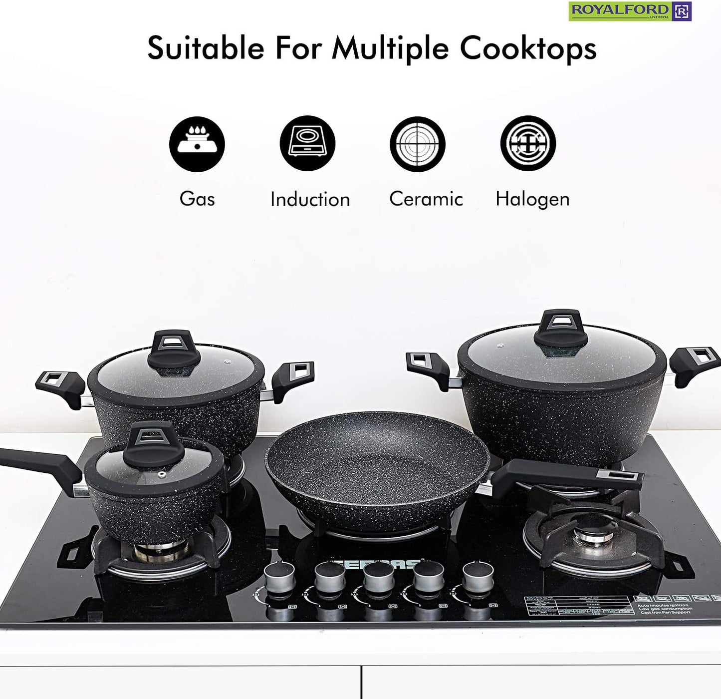 Royalford RF9557 Chef Art 7-Piece Aluminium Cookware Set – Scratch Resistant, Tempered Glass Lids, Black