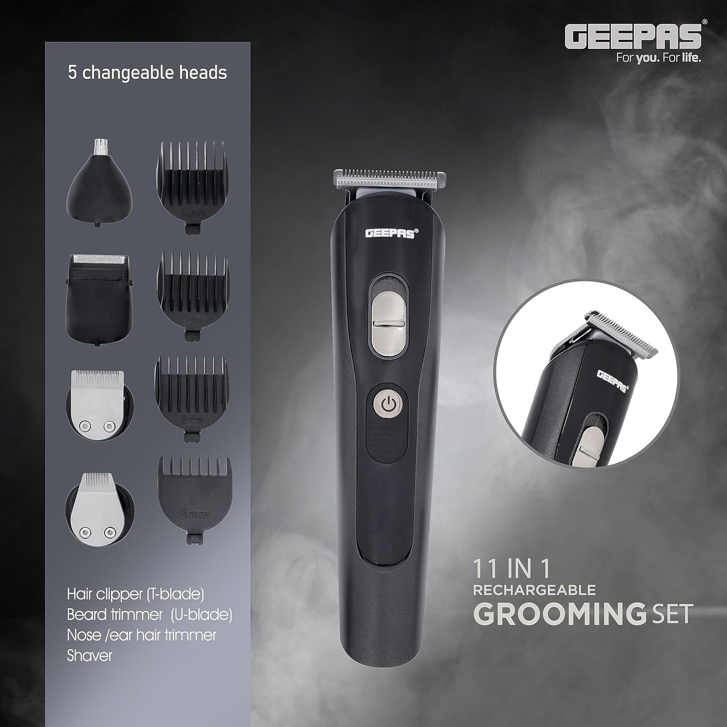 Geepas GTR8612N 11-in-1 Rechargeable Grooming Set – Hair, Beard, Nose, Ear & Body Trimmer, LED Display