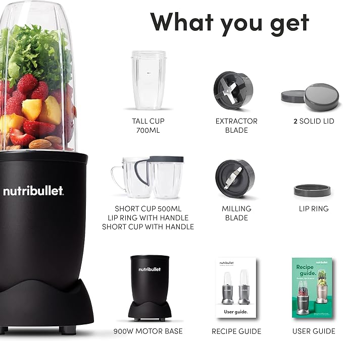 NutriBullet NB-201 900W Blender 9-Piece Set – High-Speed Smoothie & Nutrient Extractor, All Black
