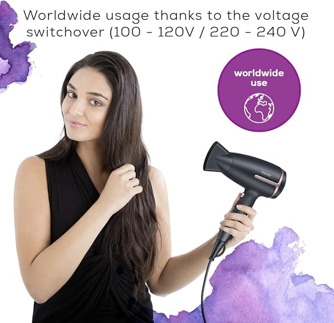 Beurer HC25 Style Pro Travel Hair Dryer 1200/1600W – Dual Voltage, Ionic, Lightweight, Gold/Black