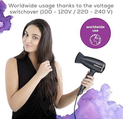 Beurer HC25 Style Pro Travel Hair Dryer 1200/1600W – Dual Voltage, Ionic, Lightweight, Gold/Black