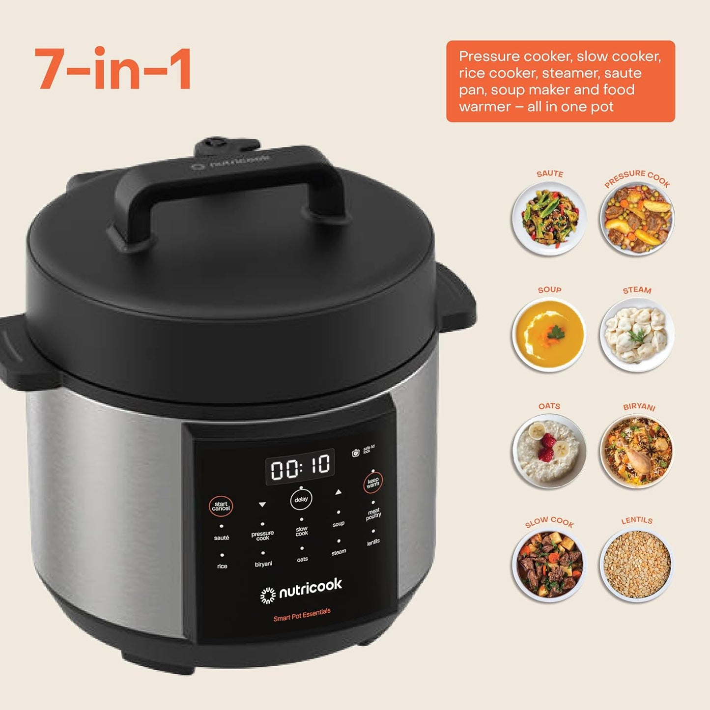 Nutricook NC-SP150 Smart Pot 4L Electric Pressure Cooker 900W – 11 Programs, Stainless Steel Pot, 2-Year Warranty