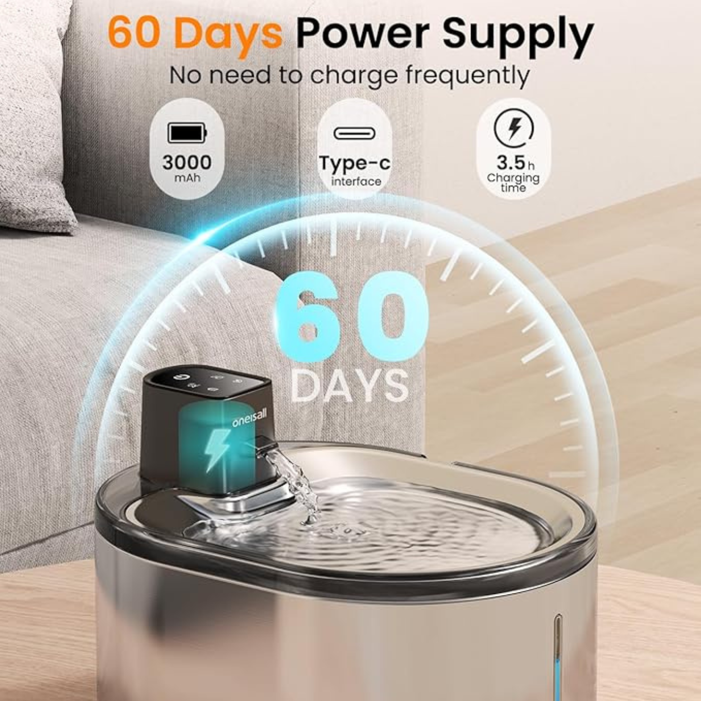oneisall Battery-Operated Cat Water Fountain – 4L Wireless Stainless Steel, Motion Sensor