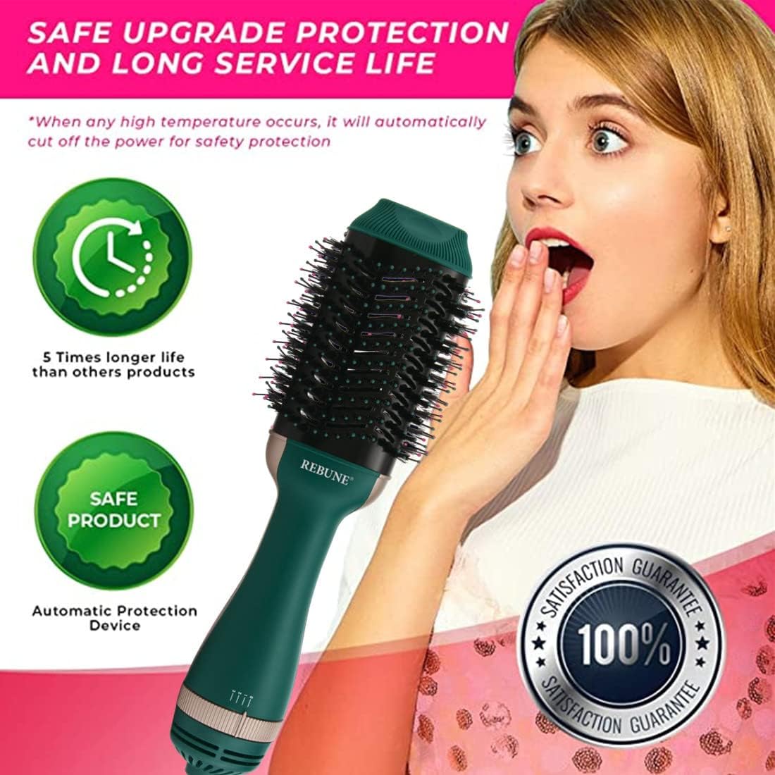 REBUNE RE-2513 1200W One-Step Hair Dryer Brush – Volumizer & Hot Air Styler, Green