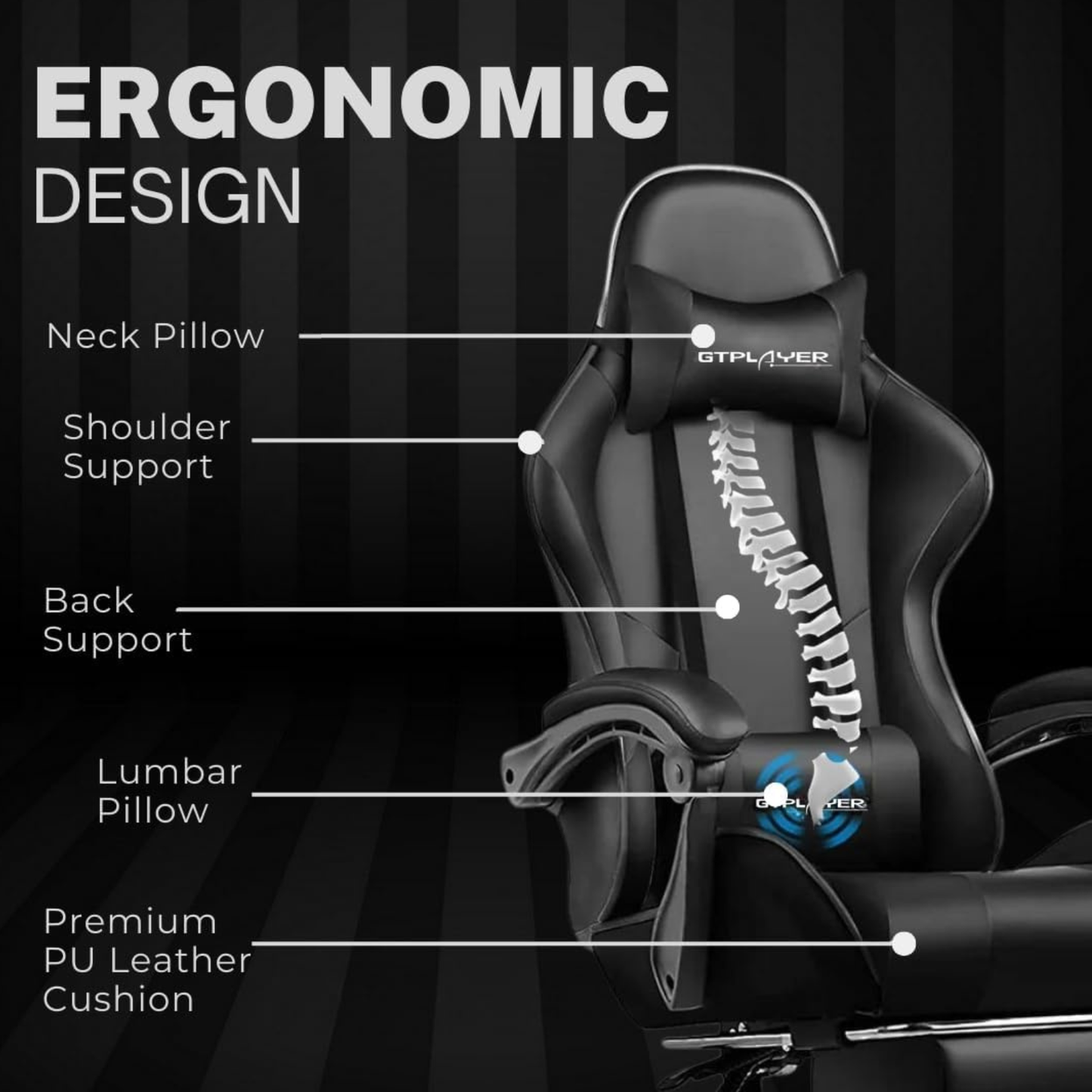 Ergonomic Gaming & Office Chair – PU Leather, USB Massage Cushion, Footrest, Adjustable Support (Black, GCC)