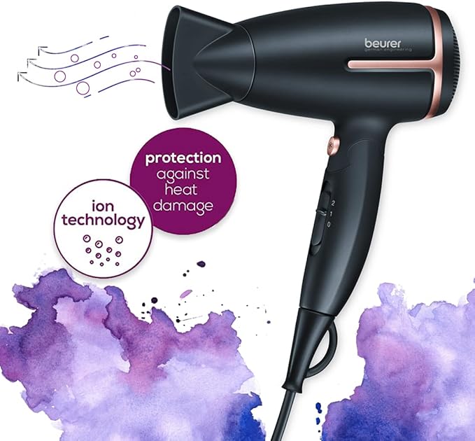 Beurer HC25 Style Pro Travel Hair Dryer 1200/1600W – Dual Voltage, Ionic, Lightweight, Gold/Black