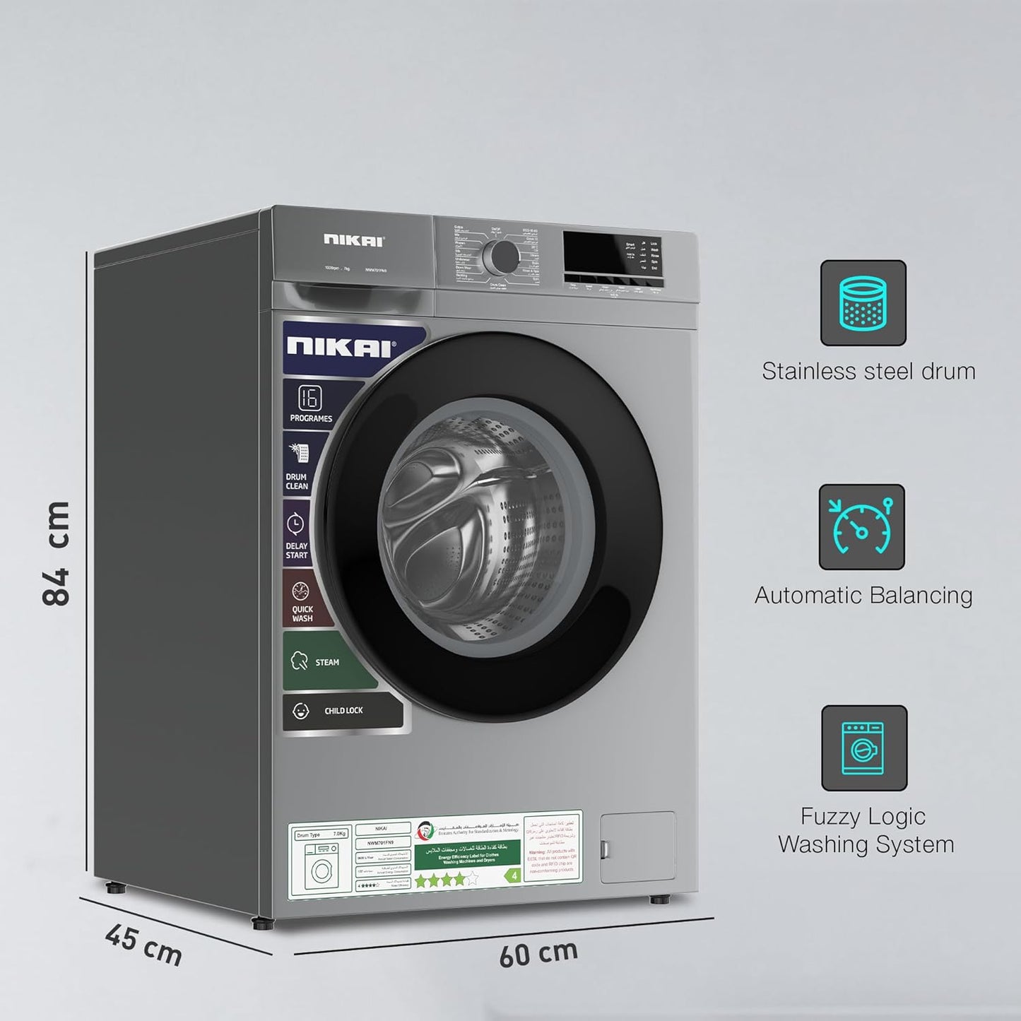 Nikai NWM701FN9S 7KG Front Load Washing Machine – 16 Programs, Steam Wash, Fully Automatic, Silver