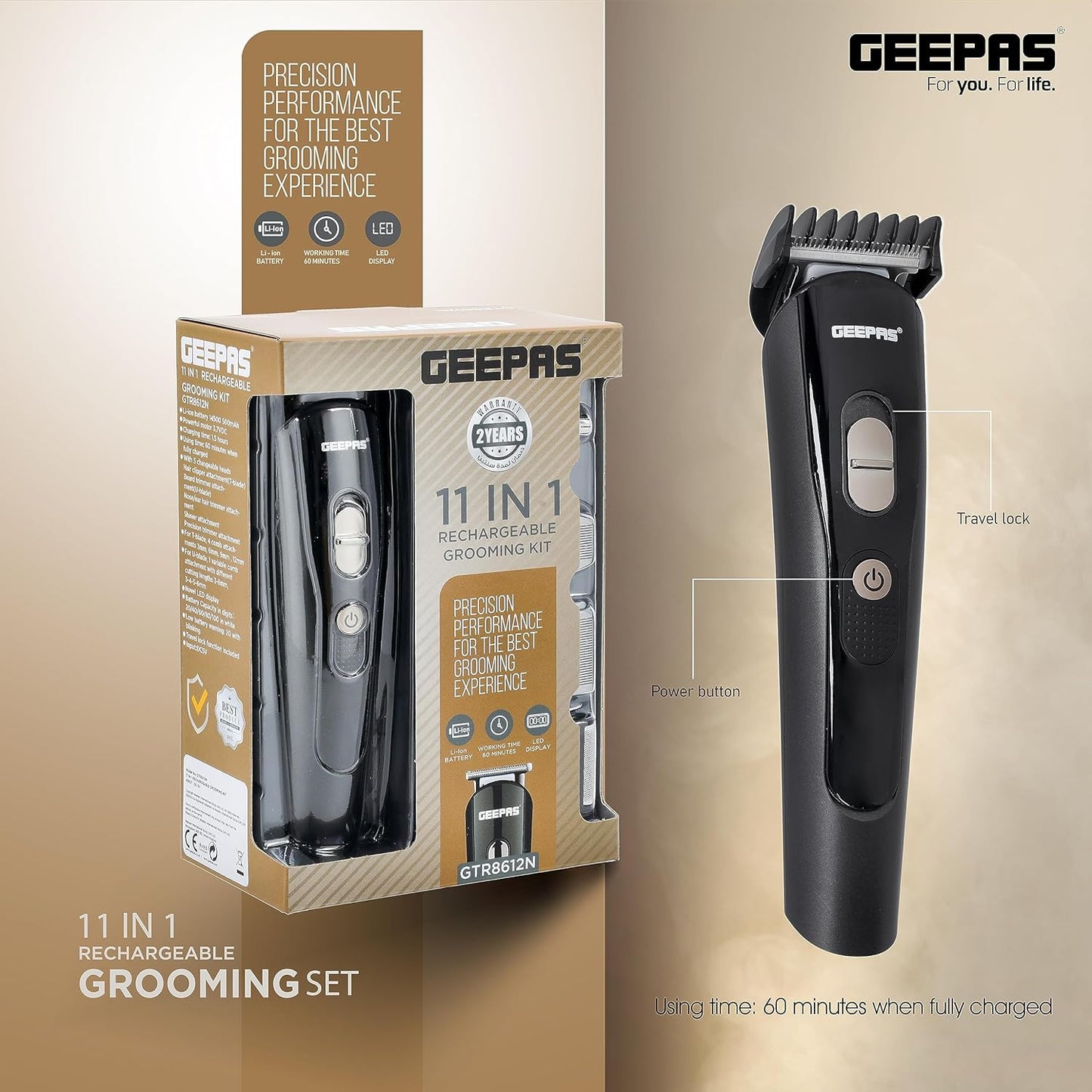 Geepas GTR8612N 11-in-1 Rechargeable Grooming Set – Hair, Beard, Nose, Ear & Body Trimmer, LED Display