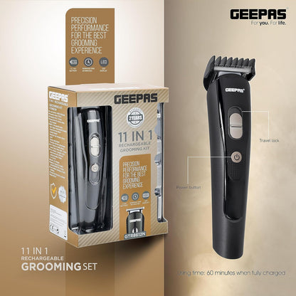 Geepas GTR8612N 11-in-1 Rechargeable Grooming Set – Hair, Beard, Nose, Ear & Body Trimmer, LED Display