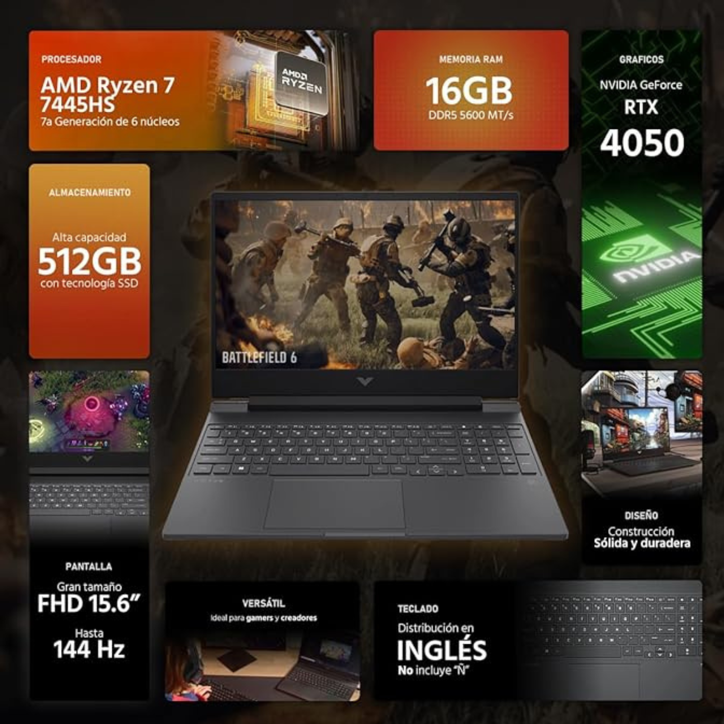 HP Victus 15.6" FHD 144Hz Gaming Laptop – AMD Ryzen 7-7445HS, RTX 4050, 16GB RAM, 512GB SSD, Mica Silver