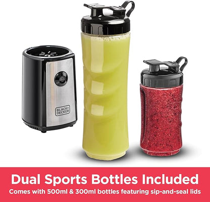 BLACK+DECKER SBX300-B5 Sports Blender 300W – 6-Piece Smoothie Maker with 500ml & 300ml Bottles, Turbo Speed