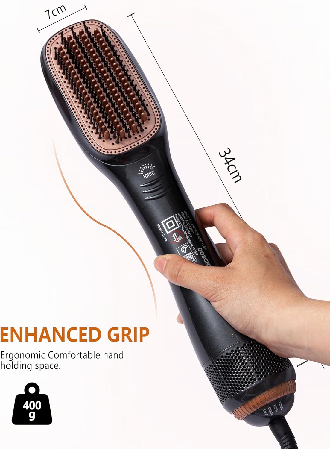 1200W 2-in-1 Hair Dryer Brush – Ceramic Dryer & Styler, Professional Black/Beige