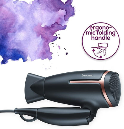 Beurer HC25 Style Pro Travel Hair Dryer 1200/1600W – Dual Voltage, Ionic, Lightweight, Gold/Black
