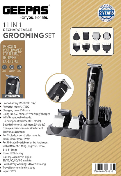 Geepas GTR8612N 11-in-1 Rechargeable Grooming Set – Hair, Beard, Nose, Ear & Body Trimmer, LED Display