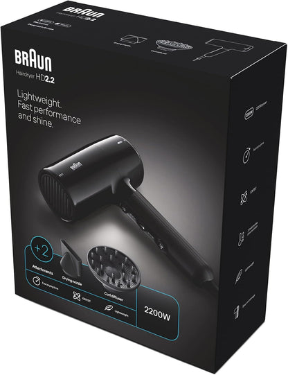 Braun BRHD225SDE Hair Dryer 2200W – Ionic Fast Drying with Diffuser & Nozzle, Black