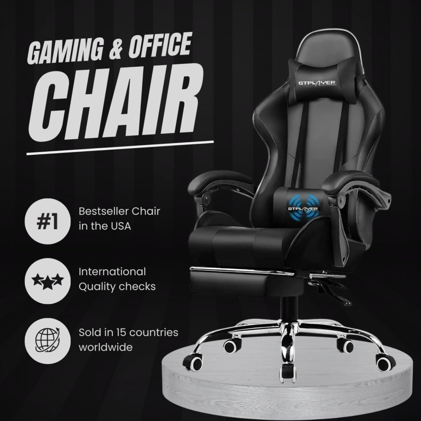 Ergonomic Gaming & Office Chair – PU Leather, USB Massage Cushion, Footrest, Adjustable Support (Black, GCC)