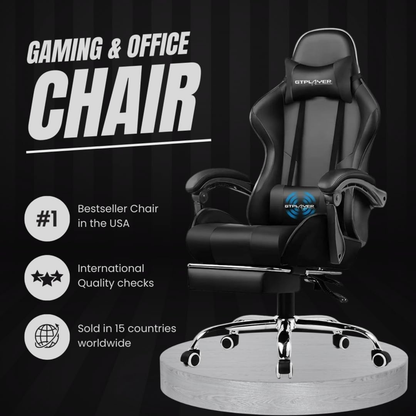 Ergonomic Gaming & Office Chair – PU Leather, USB Massage Cushion, Footrest, Adjustable Support (Black, GCC)