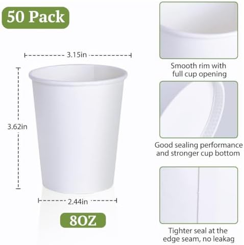 Lakesstory 8 Oz White Paper Cups for Coffee, Tea & Water – Pack of 50 – Disposable & Eco-Friendly