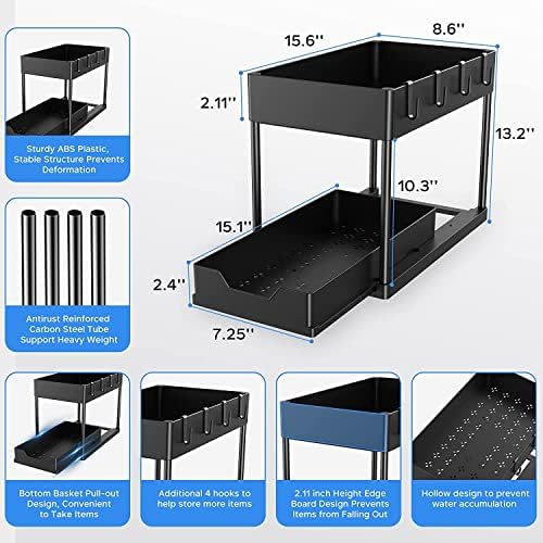 SKY-TOUCH Under Sink Storage Organizer with Double Sliding Drawers & Hooks – Black – 15.6x8.6x13.2cm