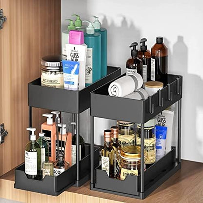 SKY-TOUCH Under Sink Storage Organizer with Double Sliding Drawers & Hooks – Black – 15.6x8.6x13.2cm