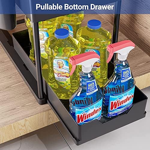 SKY-TOUCH Under Sink Storage Organizer with Double Sliding Drawers & Hooks – Black – 15.6x8.6x13.2cm