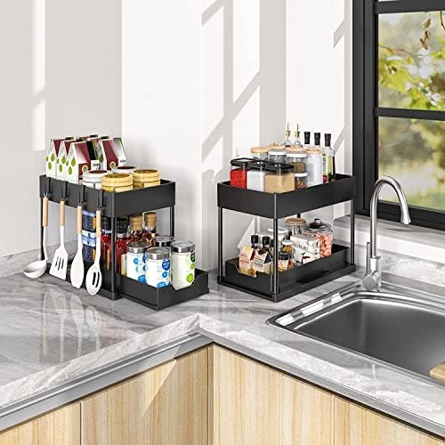 SKY-TOUCH Under Sink Storage Organizer with Double Sliding Drawers & Hooks – Black – 15.6x8.6x13.2cm